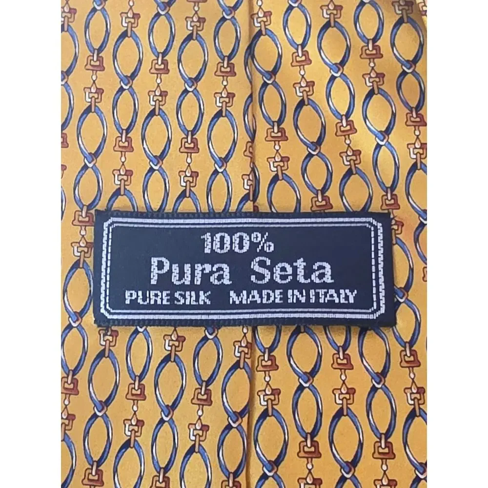 100% Pure Silk Men’s Tie Gold Blue Equestrian Horse Bit Print 28” Folded